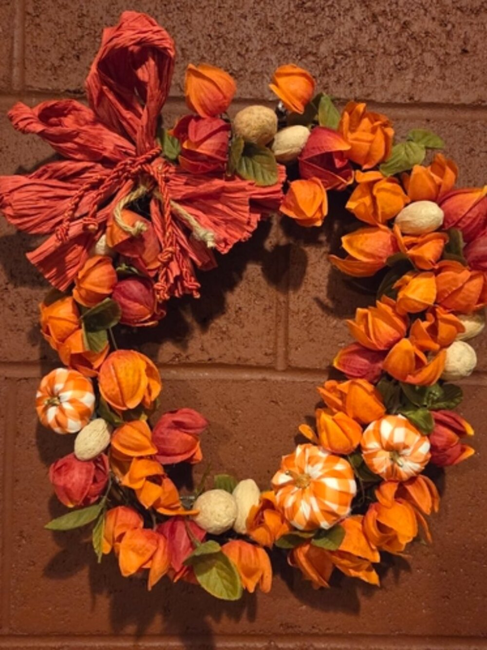 Orange & Red Chinese Lantern Flowers Wreath w/ Faux Nuts/Checked Pumpkins, Bow